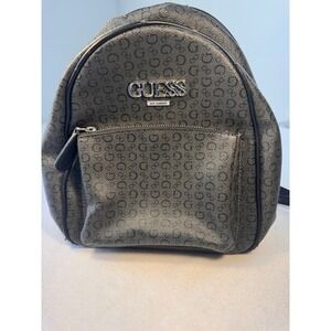 GUESS Women's Black Monogram Logo Backpack Faux Leather Zip Pocket